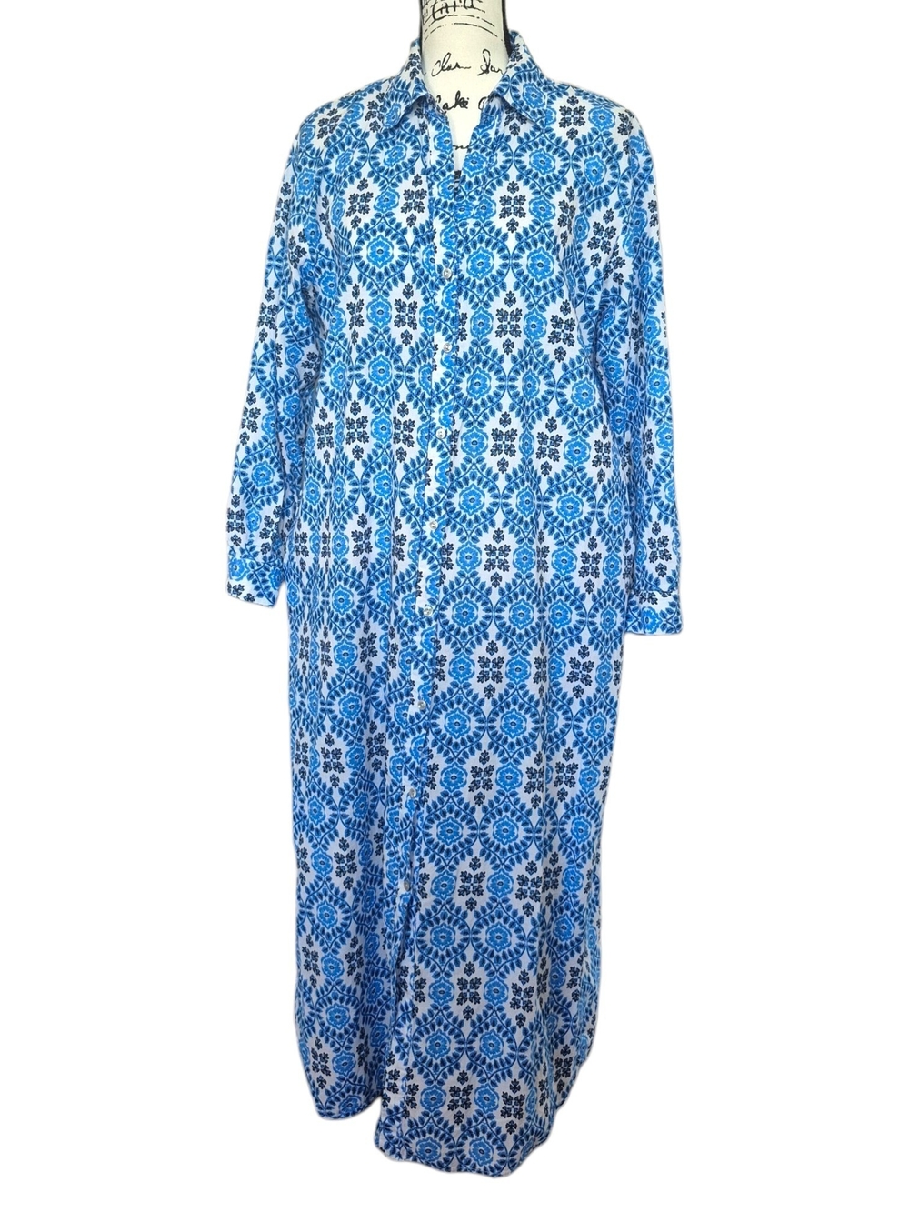 Zara Blue White Floral Cotton Maxi Shirt Dress M Coastal Boho Beach Botanical